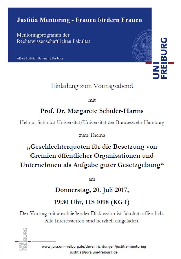Justitia Mentoring lädt ein: Vortrag und Diskussion mit Prof. Dr. Margarete Schuler-Harms