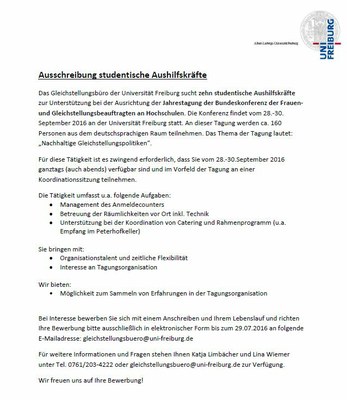 Gleichstellungsbüro sucht studentische Aushilfskräfte Gleichstellungsbüro sucht studentische Aushilfskräfte